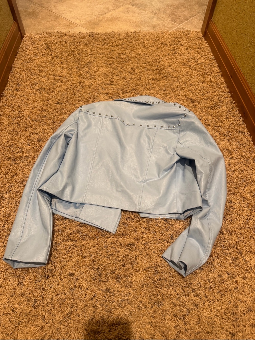 Light Blue Women's Faux Leather Studded Cropped Jacket
